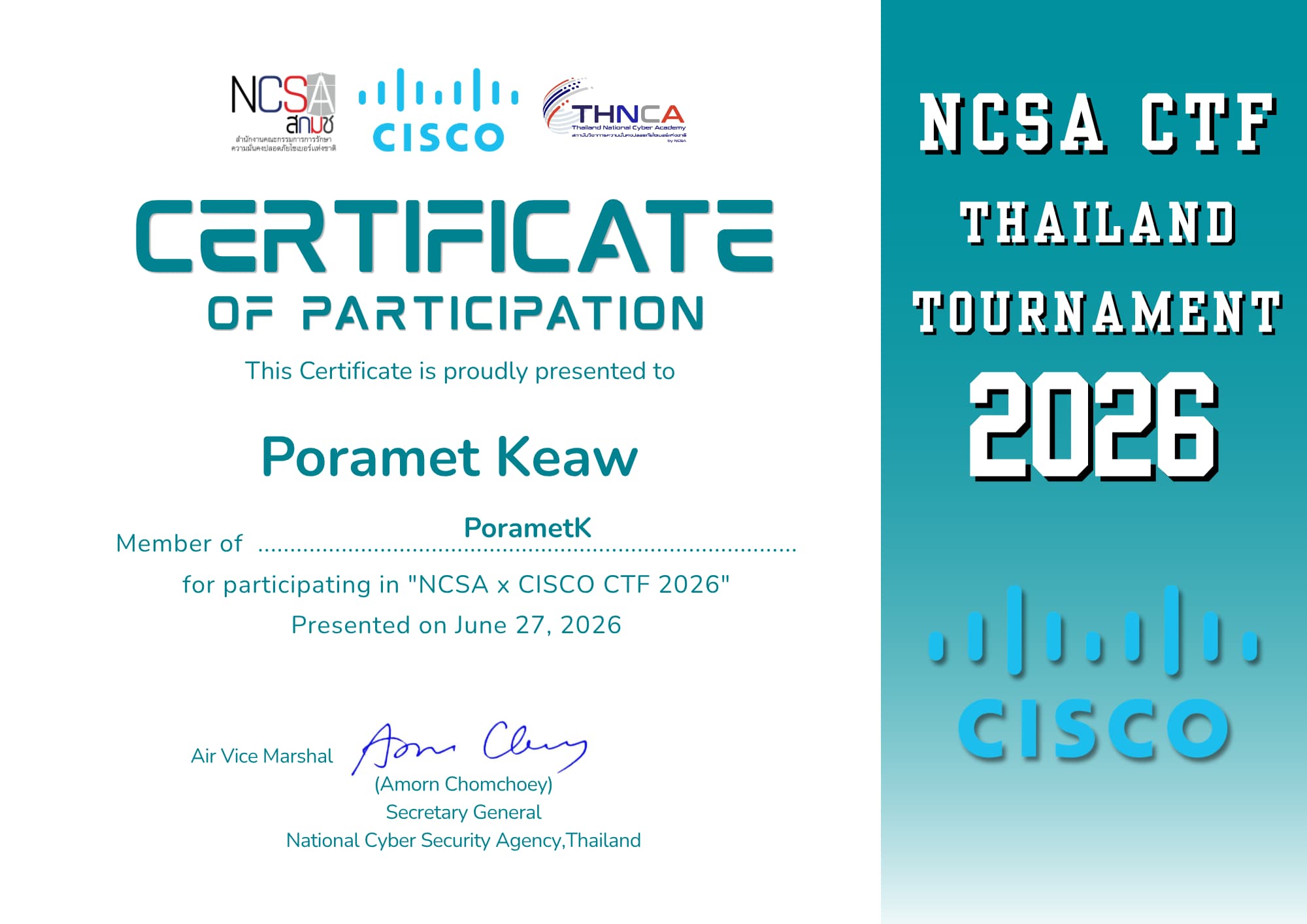 Poramet Keawubol's NCSA x Cisco CTF 2026 participation certificate